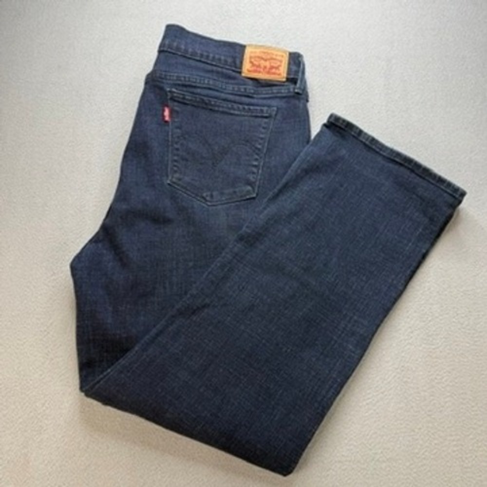 Levis 505 Straight Leg Jeans Regular Fit Womens Size 34 Dark Blue Stretch Denim